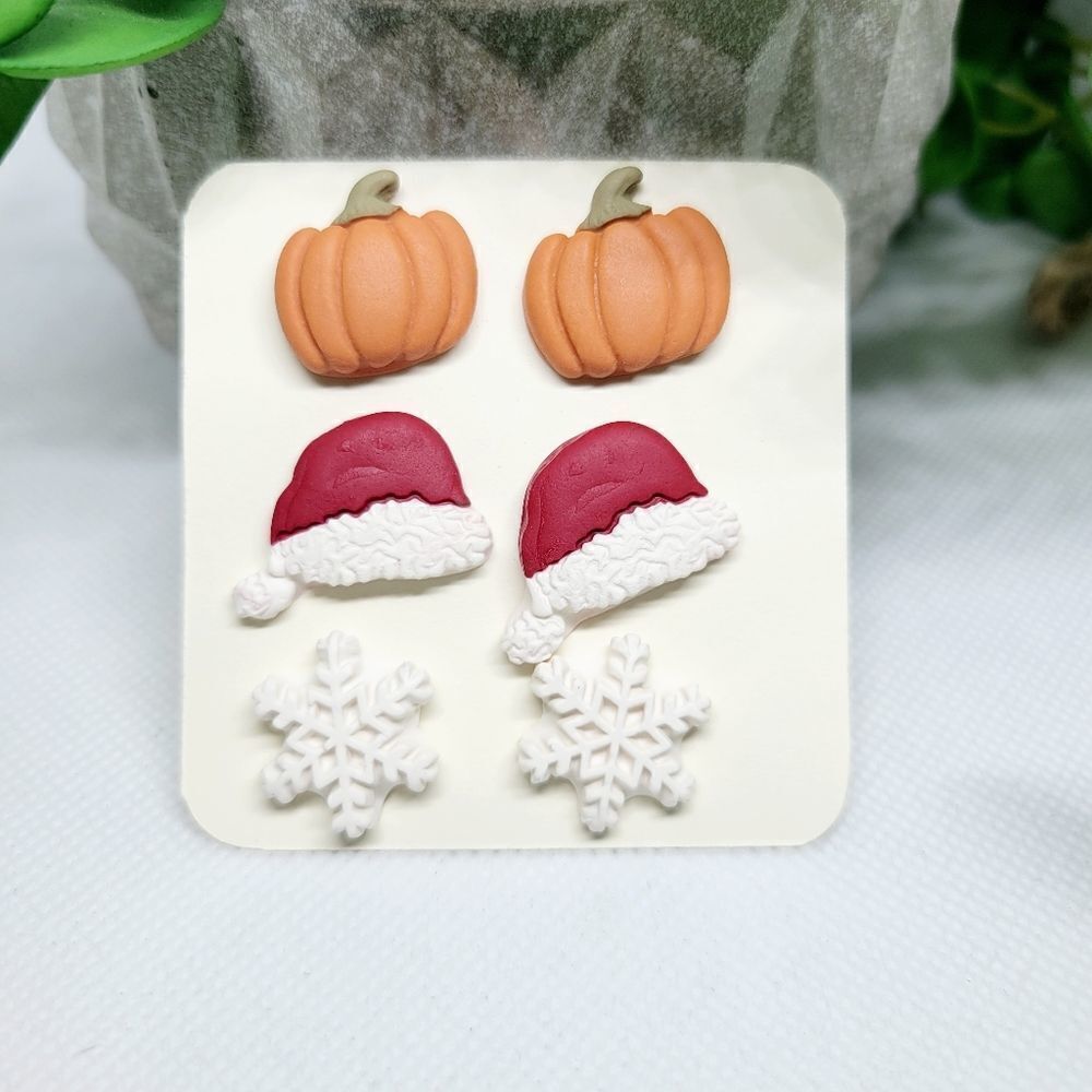 Holiday clay stud earrings multipack, pumpkin, Santa hat, snowflake, handmade